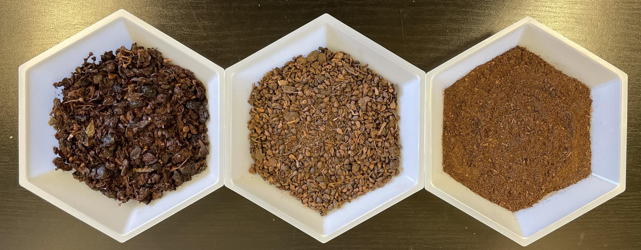 Plastic plates with wet, dry, and dry and ground grape pomace